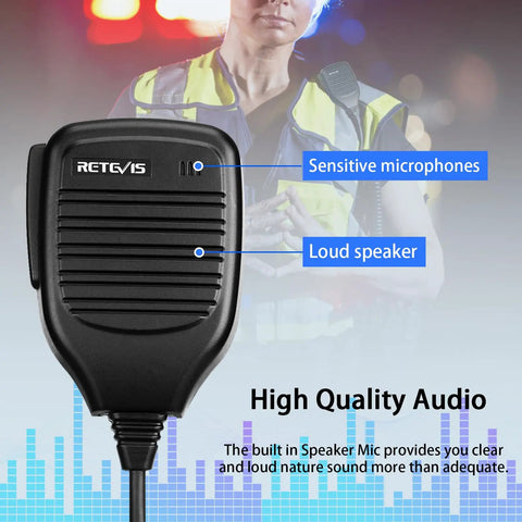 Rugged black shoulder microphone with 2-pin K plug highlighting features for two-way radios, ideal for security and construction.