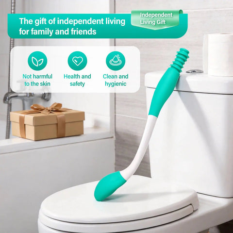 Long Reach Toilet Wiping Aid with Bottom Buddy ergonomically designed on toilet lid, 15-inch reach for easy use by disabled and elderly