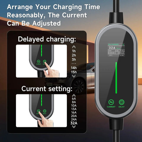 Type 2 Ev Charging Cable With Adjustable Amperage 6 To 32 Amps For Seven Point Two KW Home Wallboxes control panel showing current settings.