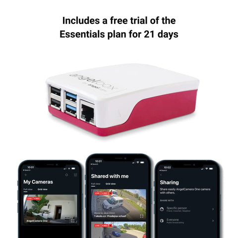 Plug And Play Security Camera Hub For Up To 10 IP Cameras With Encrypted Connections To AngelCam Cloud Storage, shown with app interface.