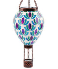 Mosaic Glass Hot Air Balloon Solar Lantern with flickering flame effect and blue green purple projections for garden decor