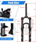 20 Inch Mountain Bike Front Suspension Air Fork With 120 To 140 Millimeter Travel 100 Millimeter Hub Spacing One And One Eighth Inch Straight Steerer Manual Lockout Quick Release Fits Up To Two And A Half Inch Tires Black dimensions chart