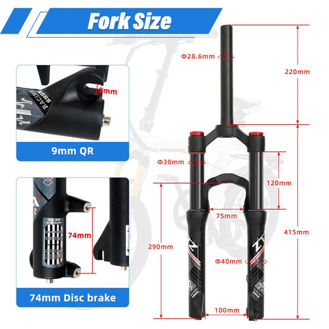 20 Inch Mountain Bike Front Suspension Air Fork With 120 To 140 Millimeter Travel 100 Millimeter Hub Spacing One And One Eighth Inch Straight Steerer Manual Lockout Quick Release Fits Up To Two And A Half Inch Tires Black dimensions chart