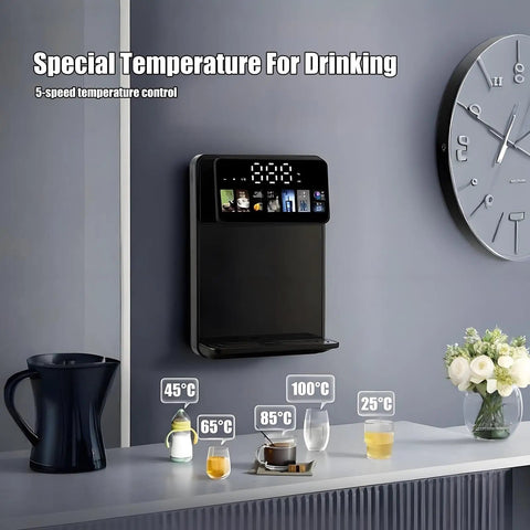 Wall Mounted Hot And Cold Water Dispenser With Touch Screen 2200W Office Water Cooler With Electronic Child Lock Five Precise Temperature Controls On Demand Hot Or Cold Sips Quiet Gray Design displayed in a modern kitchen setting