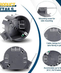 6 Pack Round Ceiling Electrical Boxes For DIY Pros, 20 Cu In PVC Junction Boxes With Grounding Lug And Screws, Great For Light Fixtures And Ceiling Fans, Ideal For New Work Installations, Gray, side view with cable clamps