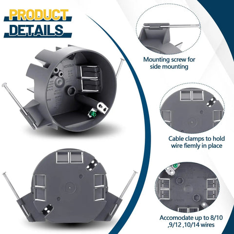 6 Pack Round Ceiling Electrical Boxes For DIY Pros, 20 Cu In PVC Junction Boxes With Grounding Lug And Screws, Great For Light Fixtures And Ceiling Fans, Ideal For New Work Installations, Gray, side view with cable clamps