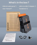 Box contents of 36W Solar Panel Charger With Quick Charge USB A USB C And DC Ports Ultra Lightweight Foldable Solar Kit