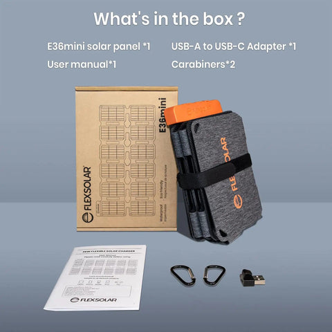 Box contents of 36W Solar Panel Charger With Quick Charge USB A USB C And DC Ports Ultra Lightweight Foldable Solar Kit