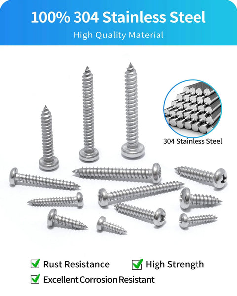 Stainless Steel Wood Screws Kit 500 Piece Assortment With 18 Common Sizes For Woodworking Including Phillips Pan Head Self Tapping Screws In 304 Grade For DIY Projects