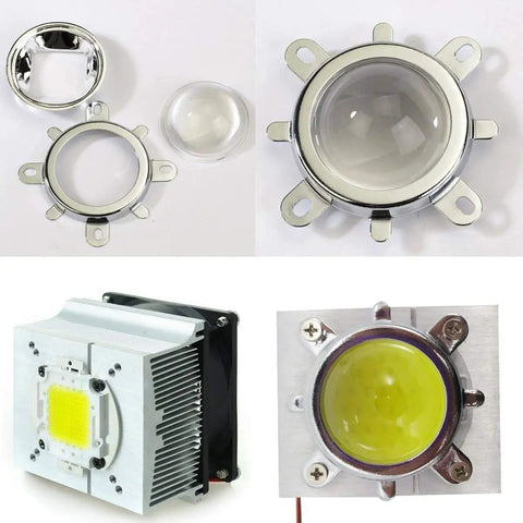 Components of Beefed Up Aluminum Heatsink Cooling Fan With 44mm Lens 60 Degree Beam For 50W To 100W LED Chips DIY Projector