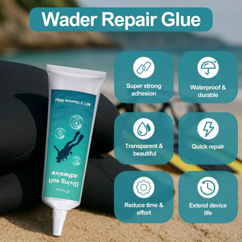 Heavy Duty Wetsuit Repair Glue And Waterproof Sealant For Dive Gear Upkeep shown on neoprene surface by the beach.