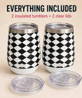 Premium Double Wall Insulated Stemless Wine Tumblers With Slider Lids 12 Oz Set displayed with clear lids side by side.