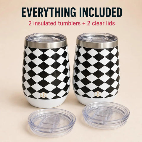 Premium Double Wall Insulated Stemless Wine Tumblers With Slider Lids 12 Oz Set displayed with clear lids side by side.