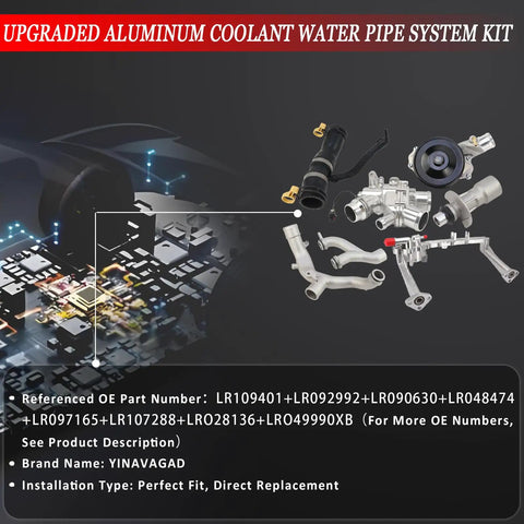 Upgraded Aluminum Coolant Water Pipe Kit For Jaguar F Type F Pace XE XF XJ Discovery Range Rover 2010 To 2021 parts layout on dark background.