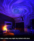 Galaxy Projector Star Lights With Bluetooth Speaker and Remote illuminating bedroom with rotating Milky Way night sky effect.