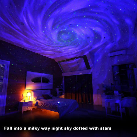 Galaxy Projector Star Lights With Bluetooth Speaker and Remote illuminating bedroom with rotating Milky Way night sky effect.
