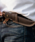 Horizontal Knife Sheath For 5 Inch Blade, Lightweight 0.15lb Belt Holster with Compact Draw, dark brown leather shown on belt