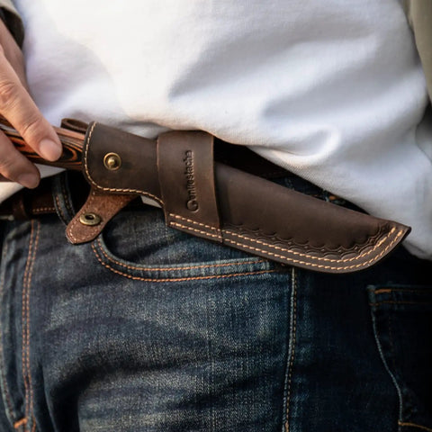 Horizontal Knife Sheath For 5 Inch Blade, Lightweight 0.15lb Belt Holster with Compact Draw, dark brown leather shown on belt