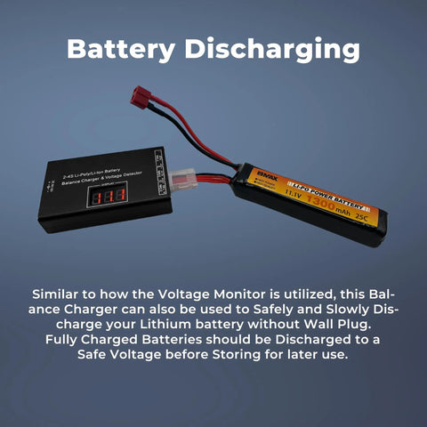 Versatile LiPo Balance Charger with Wireless Voltage Meter for 7.4V 11.1V and 14.8V batteries shown discharging a LiPo pack.
