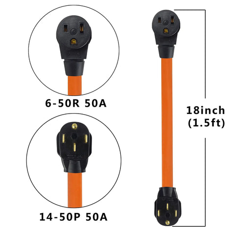 Beefy Heavy Duty Welder Adapter Cord 50 Amp NEMA 14-50P To 6-50R 1.5ft SJTW 6AWG 3C Cable UL Certified Orange For Generator And RV