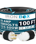 Nema L21-20 Extension Power Cord 20 Amp 100 Feet Heavy Duty Rugged Power Cable with connectors and labeled specifications.