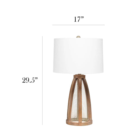 Vintage Farmhouse Wood Two Light Table Lamp With Netted Shade And Old Wood Base White Fabric Shade Dual Sockets 3 Way Bulb Capability
