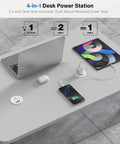 Slick Recessed Desktop Power Grommet 2.5 Inch Flush Mount Outlet Featuring Twenty Watt USB C Fast Charging And Three Ports For A Hassle Free Workspace Setup White Cord Six Foot Long Compatible Home Office And School Desks on grey desk.