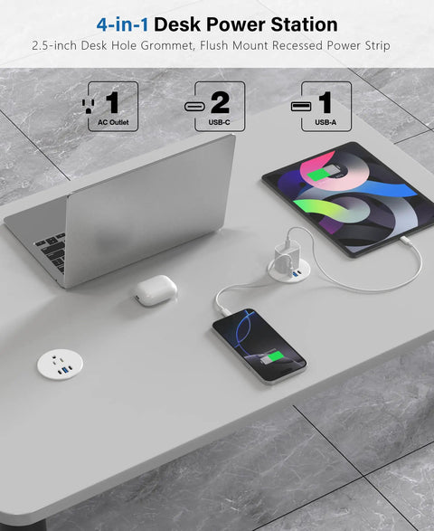 Slick Recessed Desktop Power Grommet 2.5 Inch Flush Mount Outlet Featuring Twenty Watt USB C Fast Charging And Three Ports For A Hassle Free Workspace Setup White Cord Six Foot Long Compatible Home Office And School Desks on grey desk.