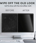 Comparison of dusty and clean computer screen using Streak Free Electronic Screen Cleaning Wipes 2 Pack 40 Wipes Each For Computer TV Monitor Laptop Phone Tablet And More Microfiber Cloth Included Gentle No Sweat No Residue Safe For All Screens.