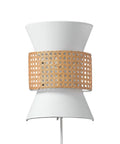 Two-Light Plug-In Or Hardwire Wall Sconce With Matte White Fabric Shade And Natural Rattan Accent 6-Foot Braided Cord