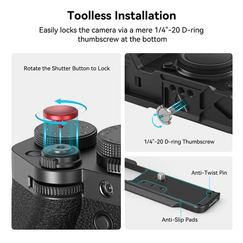 X T5 L Shape Grip With Built In Arca Quick Release Plate For Fujifilm X T5 Camera Comfy Silicone Handgrip detail with D-ring thumbscrew