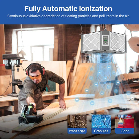 360 Degree Intake Air Filtration System For Woodworking With Built-In Ionizer, 1350 CFM Hanging Air Filter active in workshop