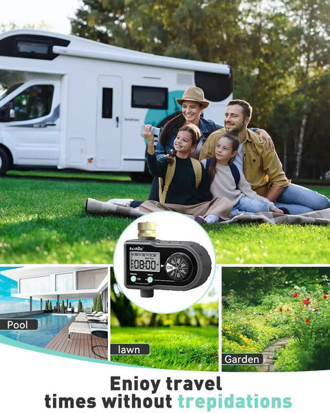Family enjoying camping with Three Program Garden Hose Sprinkler Timer with Brass Inlet shown, highlighting automatic irrigation system.