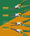 Pro Grade Heavy Duty Snap Ring Pliers Set For Internal And External Retaining Rings, showing pliers with straight and bent jaws