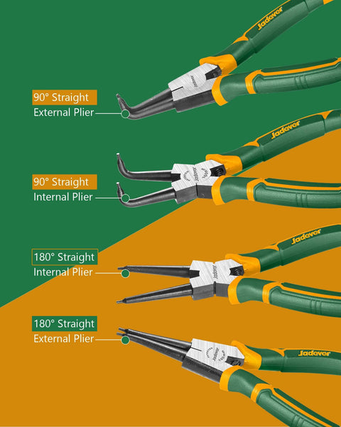 Pro Grade Heavy Duty Snap Ring Pliers Set For Internal And External Retaining Rings, showing pliers with straight and bent jaws