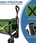 Collapsible Utility Cart Folding Wagon With 320 Lbs Capacity, all-steel frame, close-up view, green