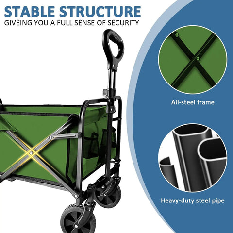 Collapsible Utility Cart Folding Wagon With 320 Lbs Capacity, all-steel frame, close-up view, green
