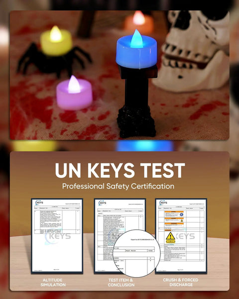 Testing certification for Color Changing LED Tea Lights 24 Pcs Flameless Tealight Candles with colorful lights and safety certification.
