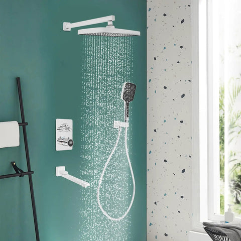 Shower System with Digital Display Thermostatic Faucet Set Copper ABS featuring rain shower and handheld options.