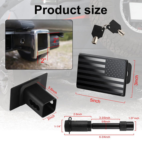 Heavy Duty American Flag Trailer Hitch Cover For 2 Inch Receivers Built To Last Metal Tow Hitch Shield With Rust Resistant Coating Fits Five Eighth Inch Pins Rugged Truck Accessory For A Bold All American Look product size and dimensions with lock and key details