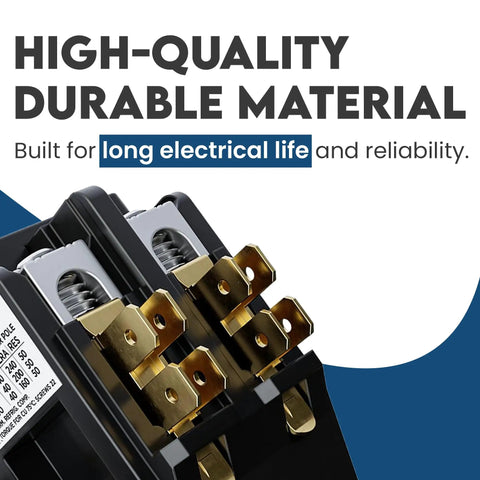 Close-up of 2-Pole Definite Purpose Contactor With 120V Coil 40 Amp Heavy Duty HVAC Switch showing durable material and electrical components.