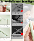 2 In 1 Needle Threader And Seam Ripper Kit For Sewing And Crafting in use, showing threading and seam ripping functions.