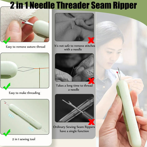 2 In 1 Needle Threader And Seam Ripper Kit For Sewing And Crafting in use, showing threading and seam ripping functions.