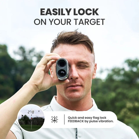 Man using High Accuracy Golf Rangefinder With Slope And Removable Rechargeable Battery on golf course