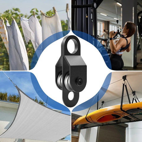 2 Pack Black Pulley Block System Ready To Rig With 4 Double Pulleys, 16 Ft One Quarter Inch Nylon Rope, 4 M6 Spring Hooks, And 2 M6 Eye Pad Plates For Gate Replacement, Farm Use, Garage Lift, And Heavy Duty Rigging, black double pulley