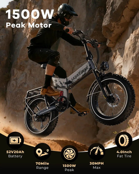 Rider on 1500W Folding Electric Bike For Adults With Removable 52V 20Ah Battery, 70 Mile Max Range, 20x4 Fat Tire Ebike