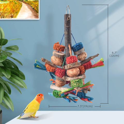Hella Tough Parrot Chew Toys Crafted From Natural Wood Hemp Rope Corn Cob And Sweet Treat Nuts For Big Time Foraging Fun In Conure Cockatoo Parakeet Budgie Cage, hanging toy sized 8.7x7.5 inches.