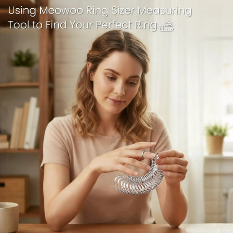 Woman using Pro Grade Ring Sizer Tool Set For Jewelry Making, Silvery Metal Ring Size Gauge Kit with Finger Size Mandrel.