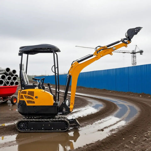 Compact Hydraulic Mini Excavator for Farm Work and Landscaping on muddy construction site with raised arm