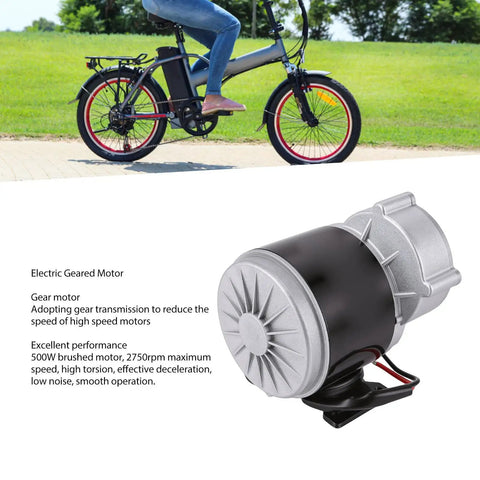 Beefed Up Gear Reduction Electric Motor Kit 12V 500W with bike in background and text detailing motor features